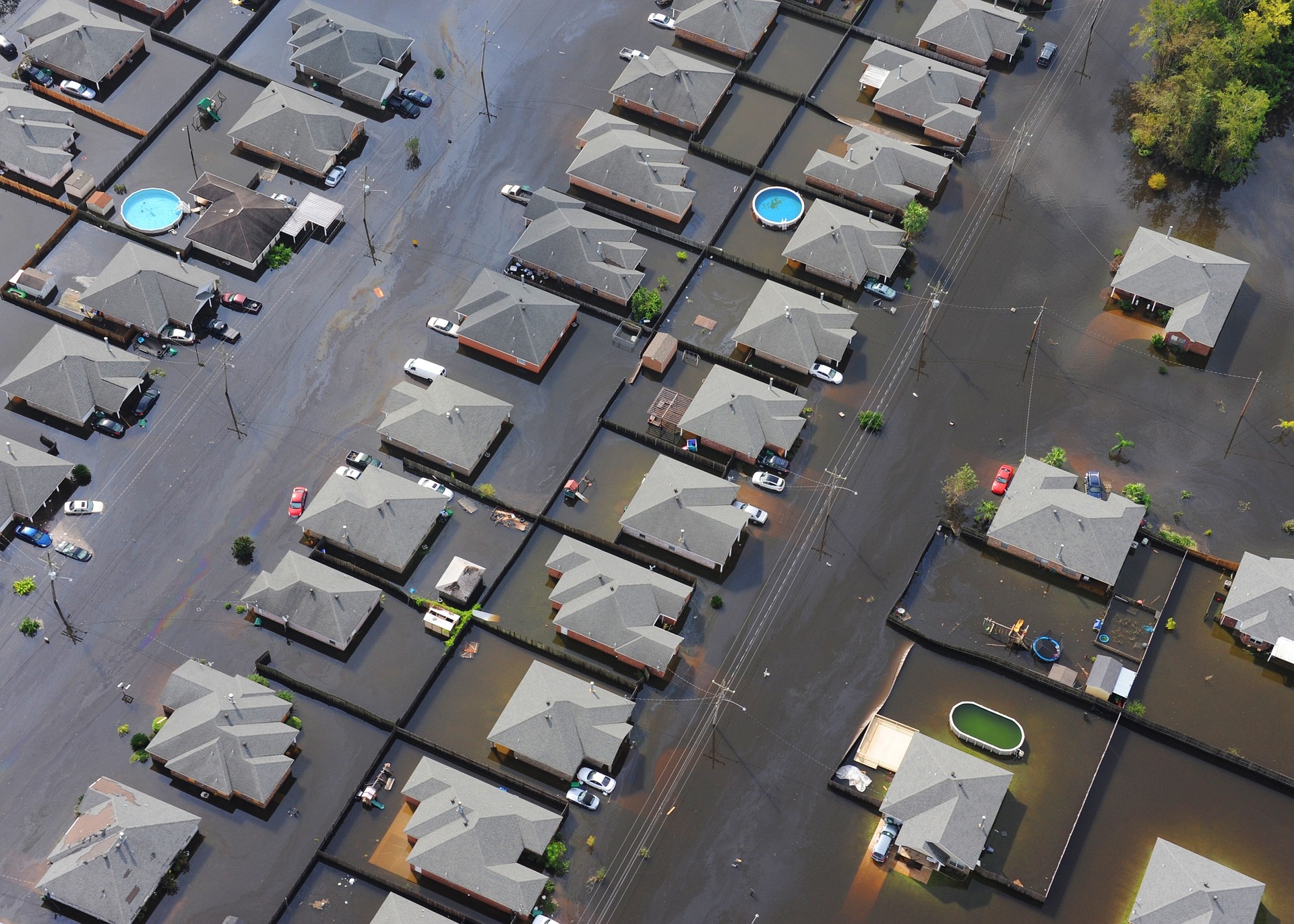 overhead view of flooded neighborhood